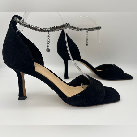 Vince Camuto - Evensa Black Suede 3” Open-Toe Heels Ankle Bracelet Straps NEW - Picture 2 of 9